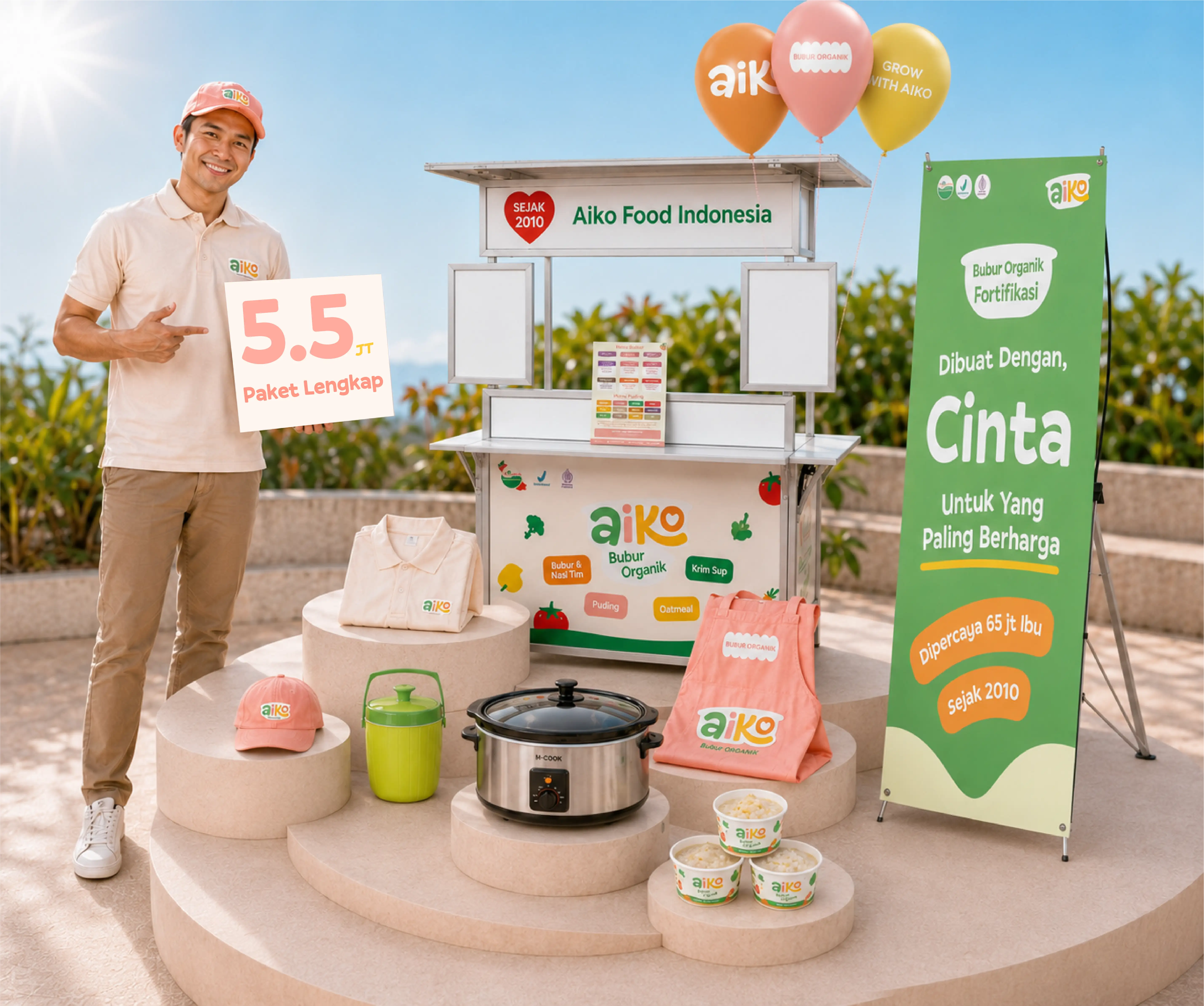 Paket kemitraan Aiko lengkap dengan booth, perlengkapan, dan produk.