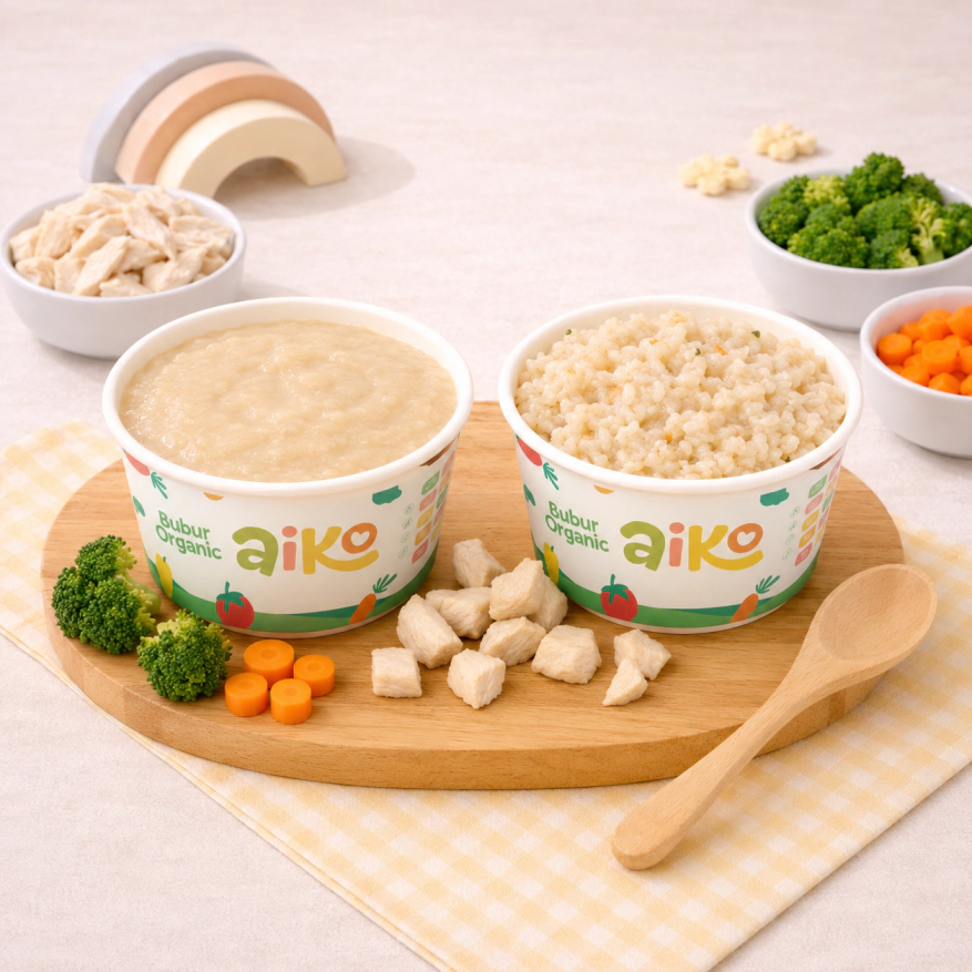Produk Bubur Nasi Tim varian Ayam Fillet AIKO.