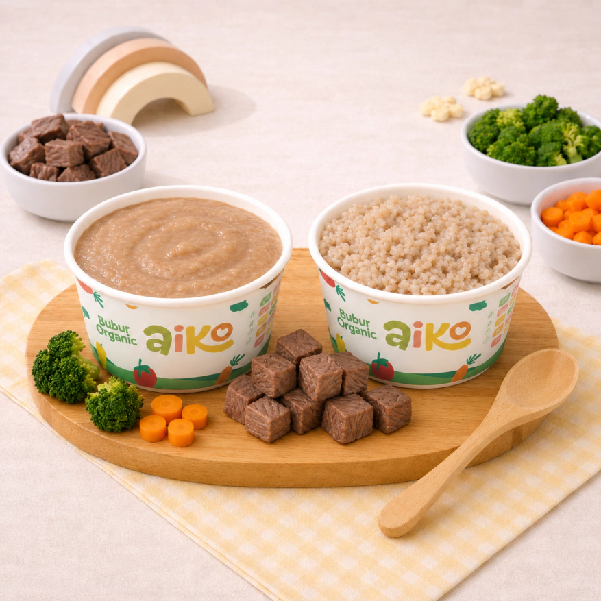 Produk Bubur Nasi Tim varian Daging Sapi AIKO.