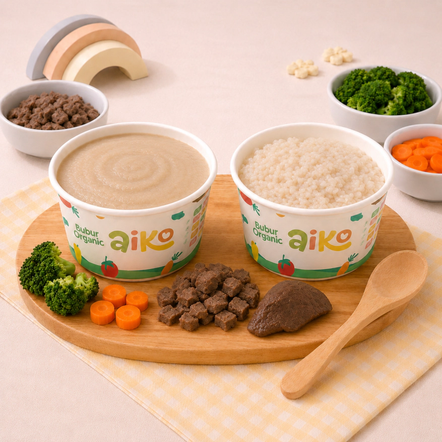 Produk Bubur Nasi Tim varian Hati Sapi AIKO.