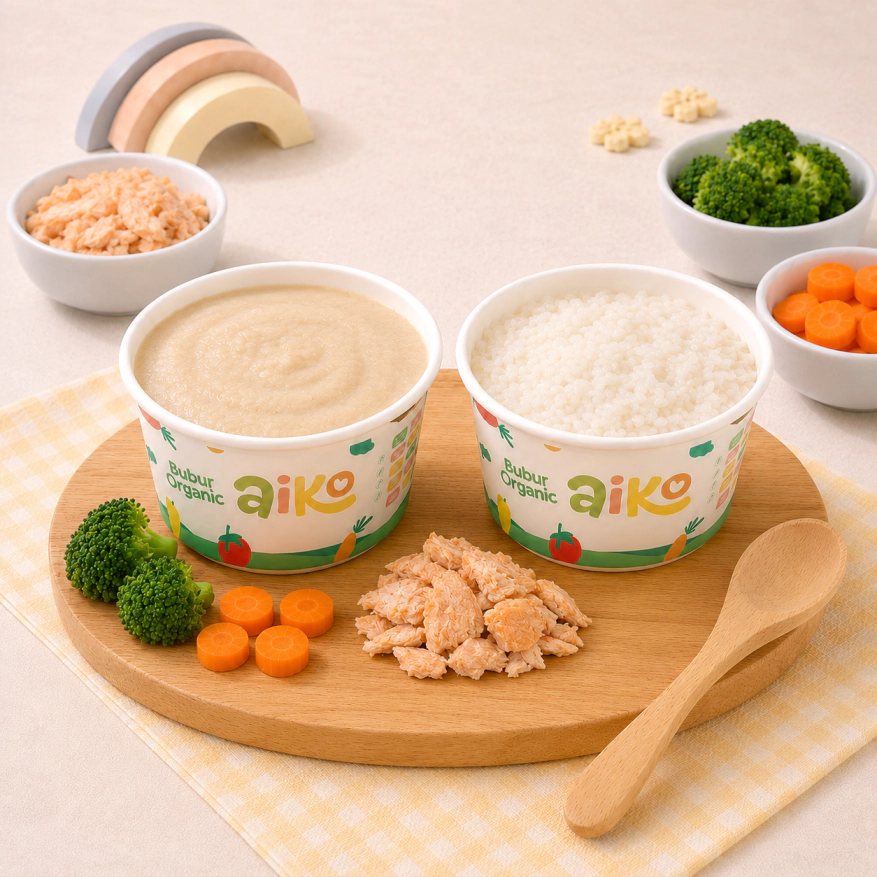 Produk Bubur Nasi Tim varian Ikan Salmon AIKO.