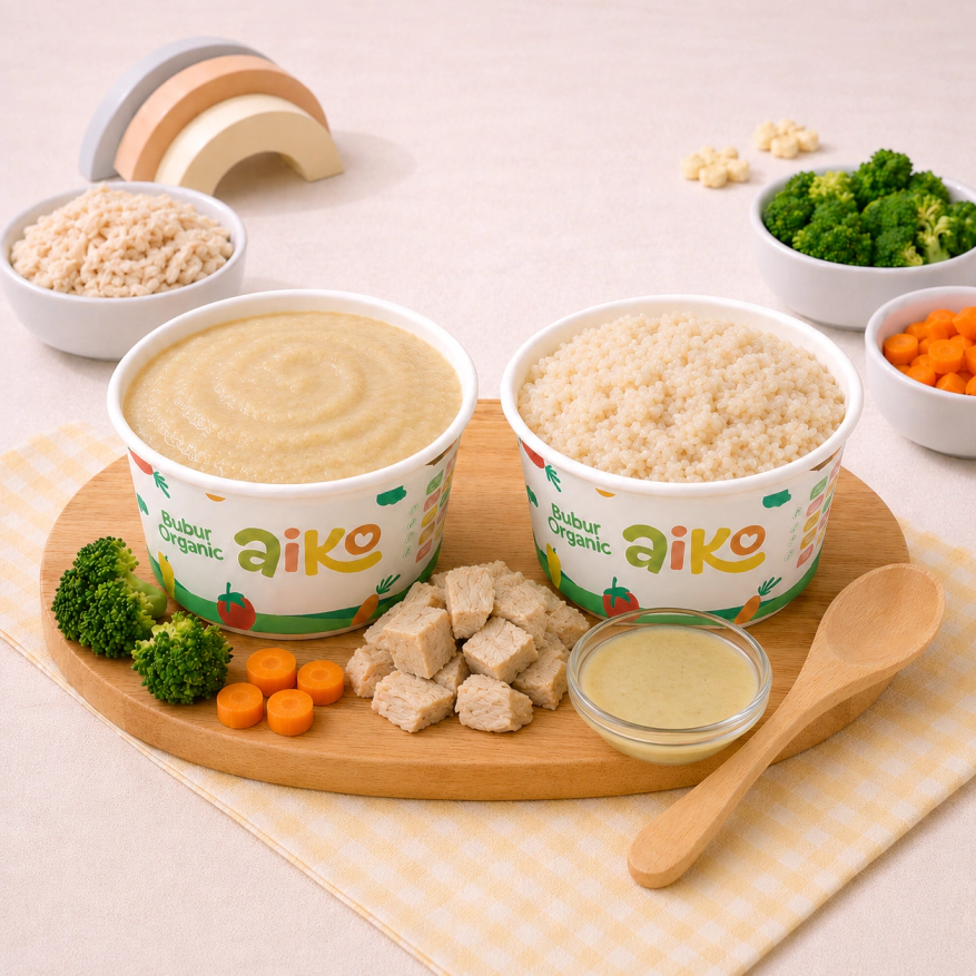 Produk Bubur Nasi Tim varian Opor Tuna AIKO.