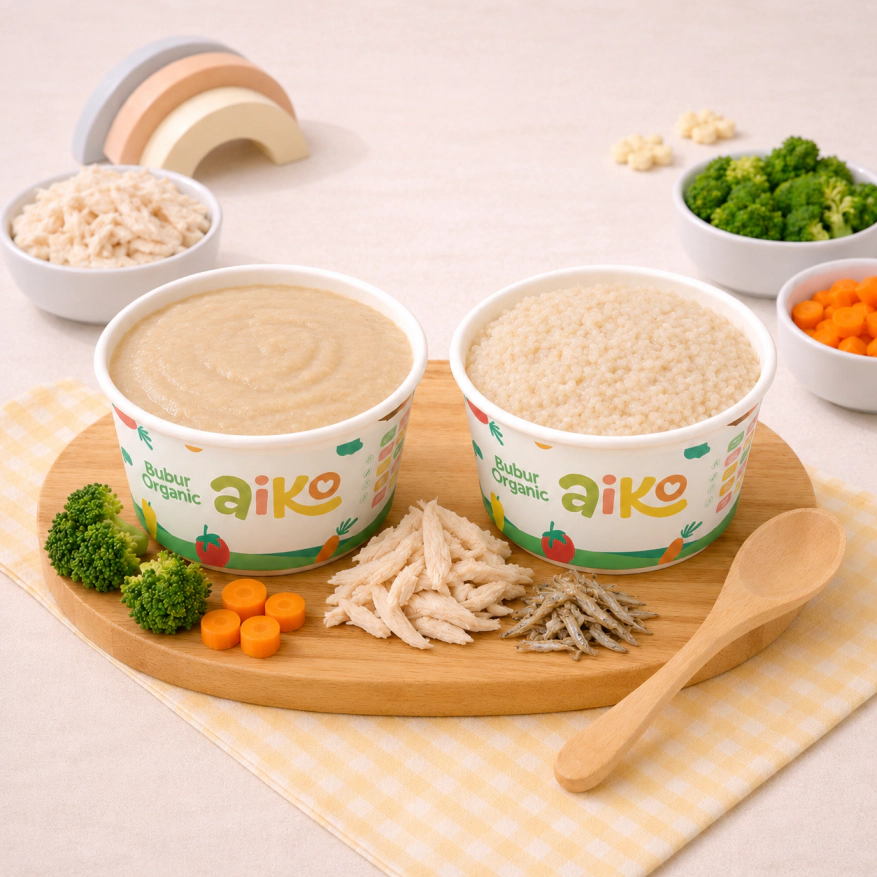 Produk Bubur Nasi Tim varian Semur Ikan Teri Ayam AIKO.