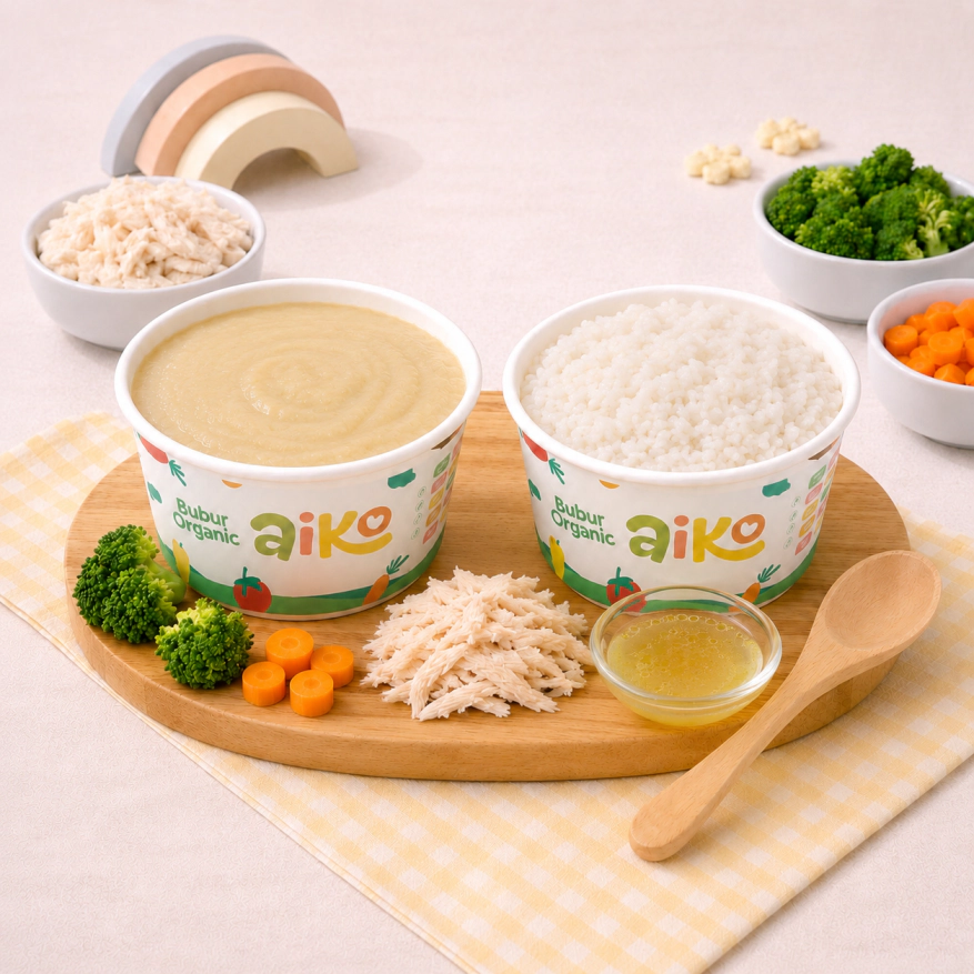 Produk Bubur Nasi Tim varian Soto Ayam AIKO.